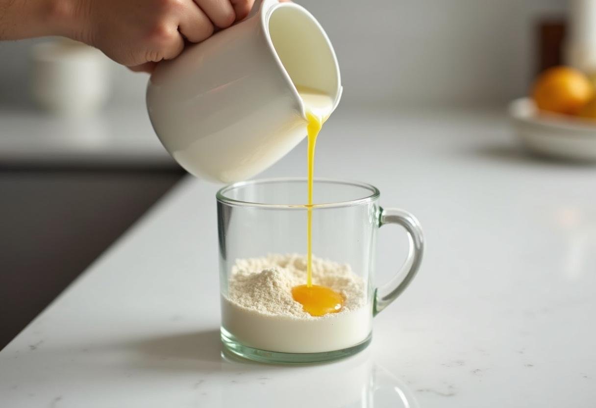 Ajout des ingrédients liquides pour la préparation d'un Mug Cake au Chocolat rapide