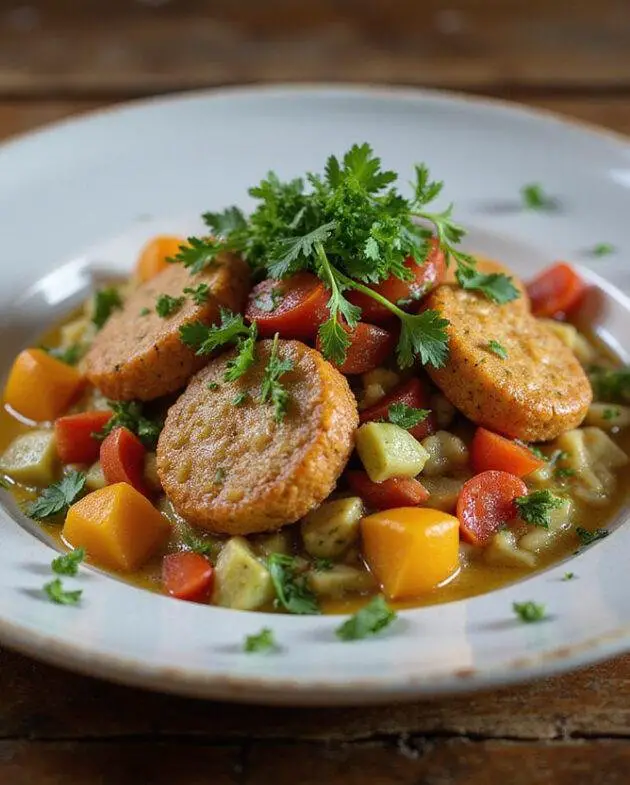Final presentation of vegetarian nouilles saoules, a delicious and vibrant dish.