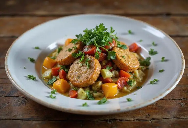 Final presentation of vegetarian nouilles saoules, a delicious and vibrant dish.