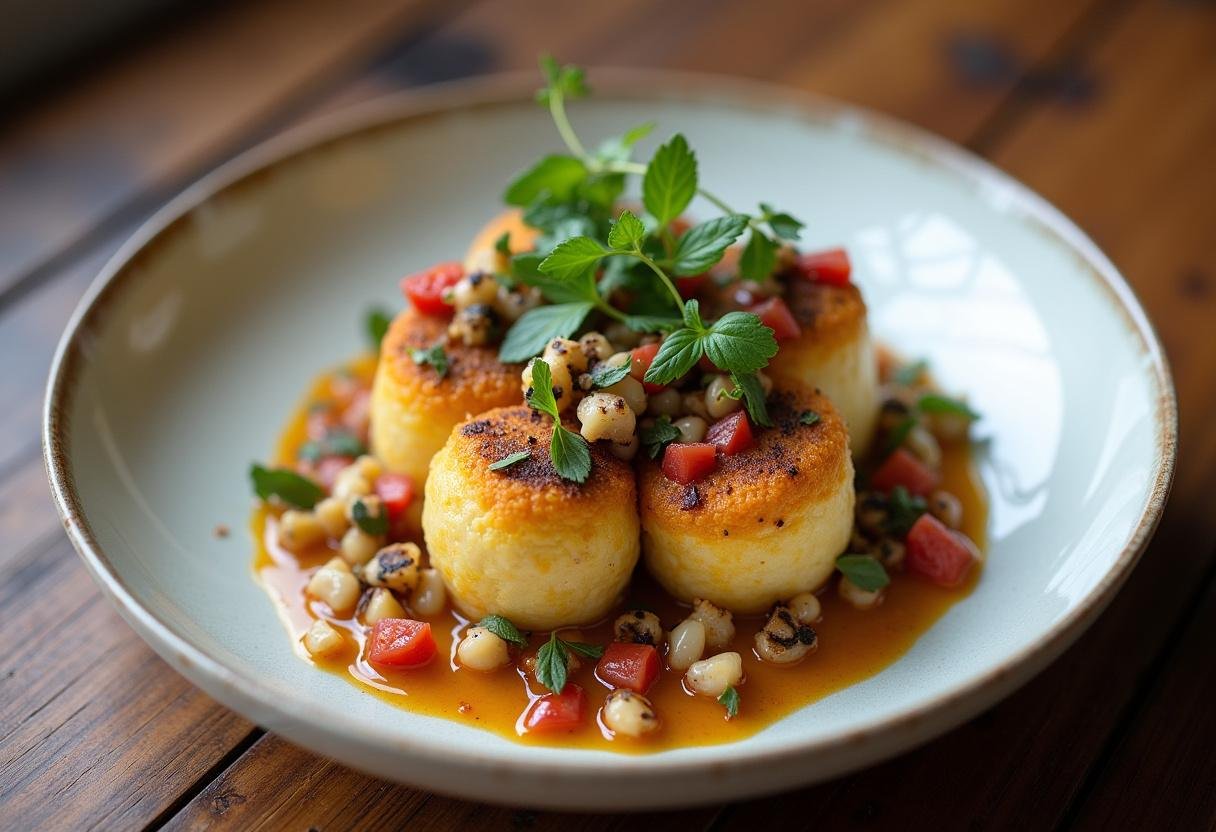 Final presentation of vegetarian nouilles saoules, a delicious and vibrant dish.