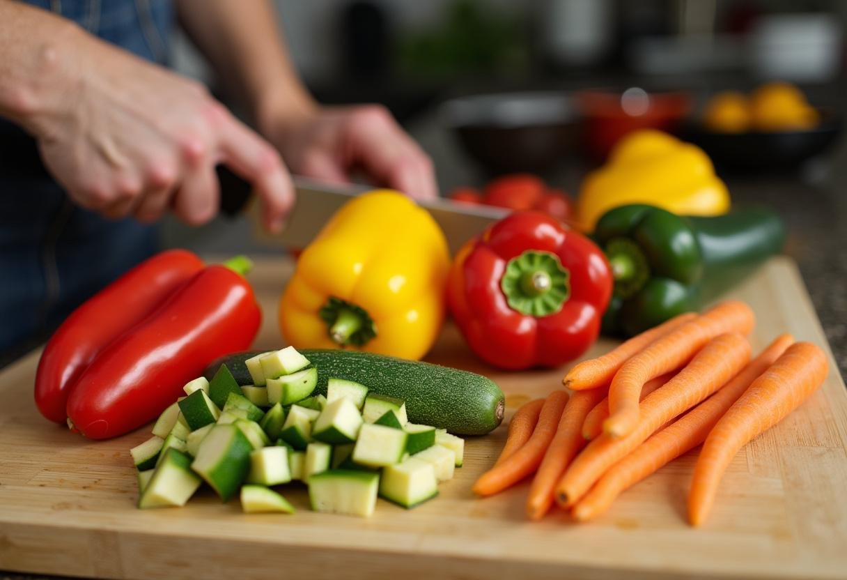 Fresh vegetables being chopped for vegetarian nouilles saoules recipe.
