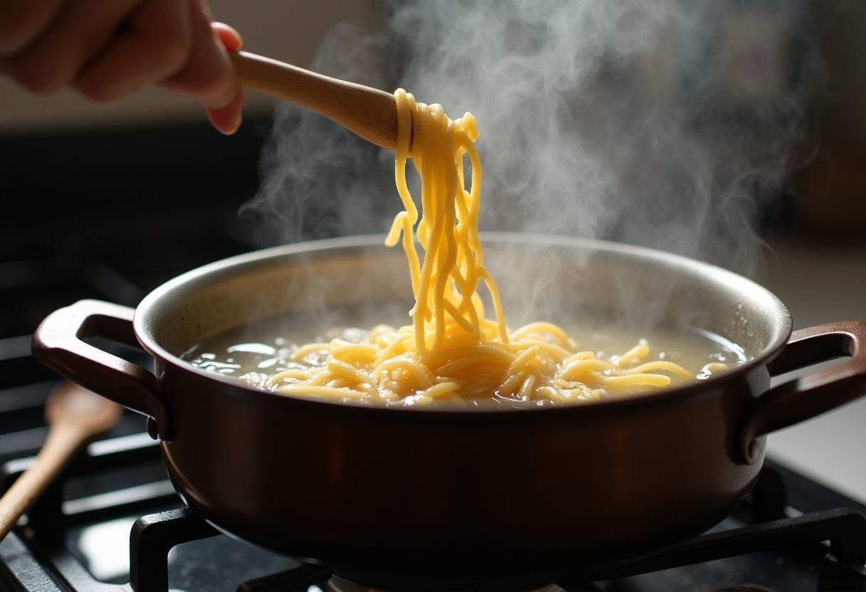 Boiling noodles being added to water for vegetarian nouilles saoules preparation.