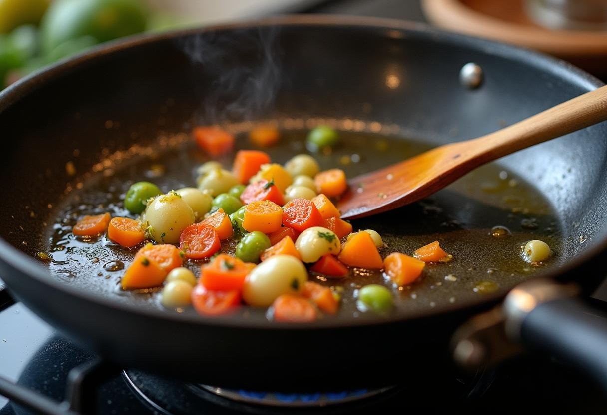 Sizzling vegetables in a frying pan for vegetarian nouilles saoules.