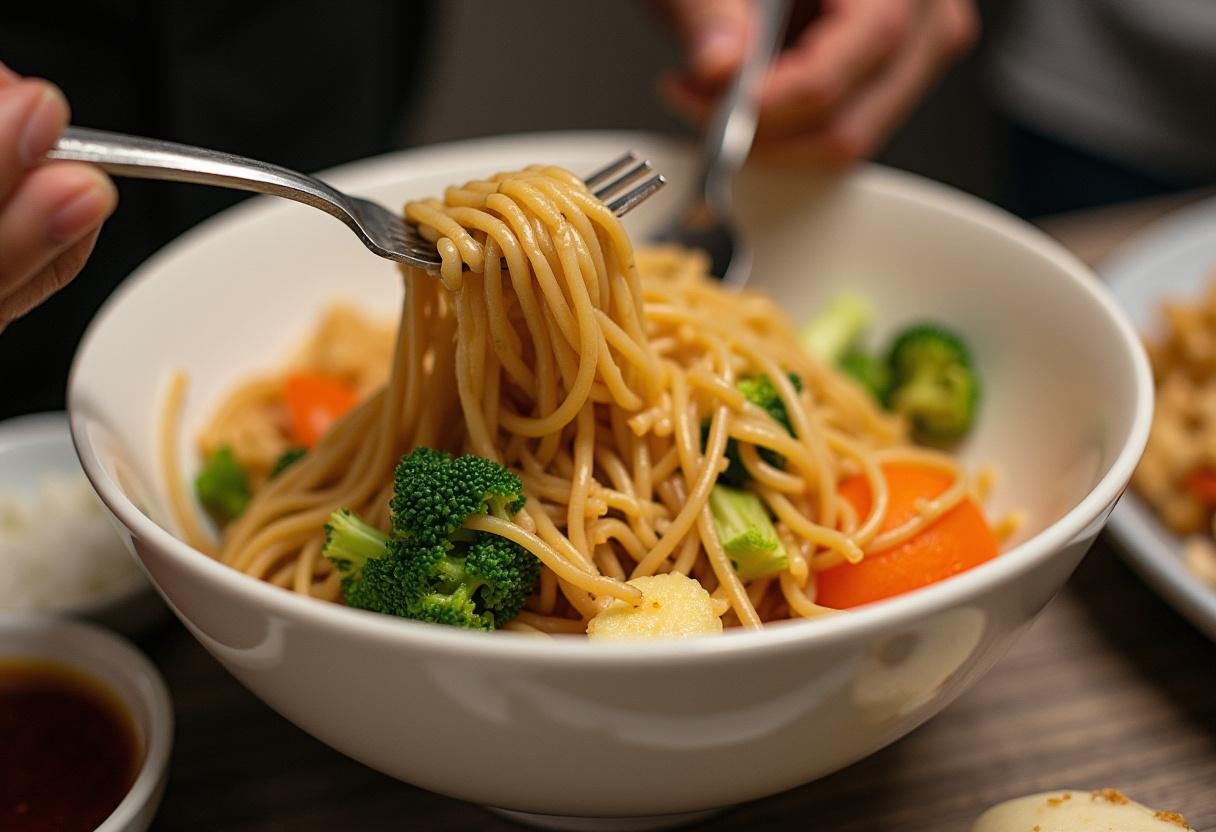 Combining noodles with vegetables and sauce ingredients for vegetarian nouilles saoules.