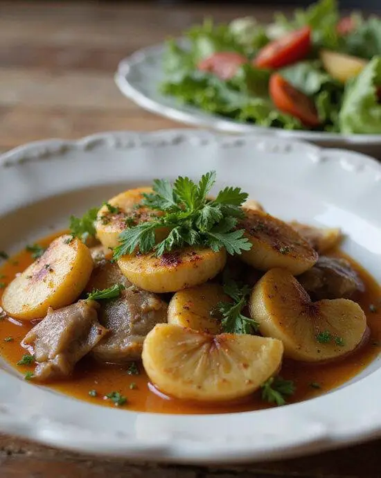 Finished Oignons Farcis à la Grecque beautifully presented with salad, perfect for a Greek-inspired meal.
