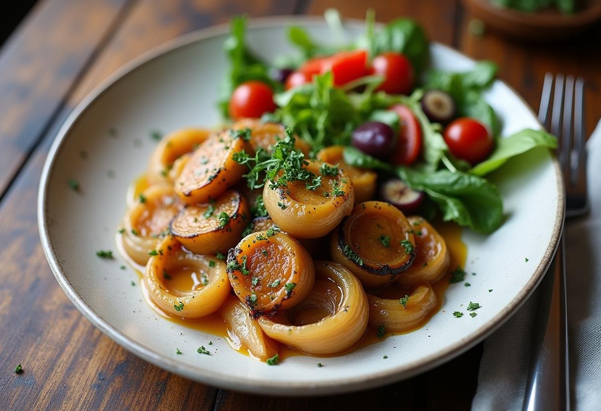 Finished Oignons Farcis à la Grecque beautifully presented with salad, perfect for a Greek-inspired meal.