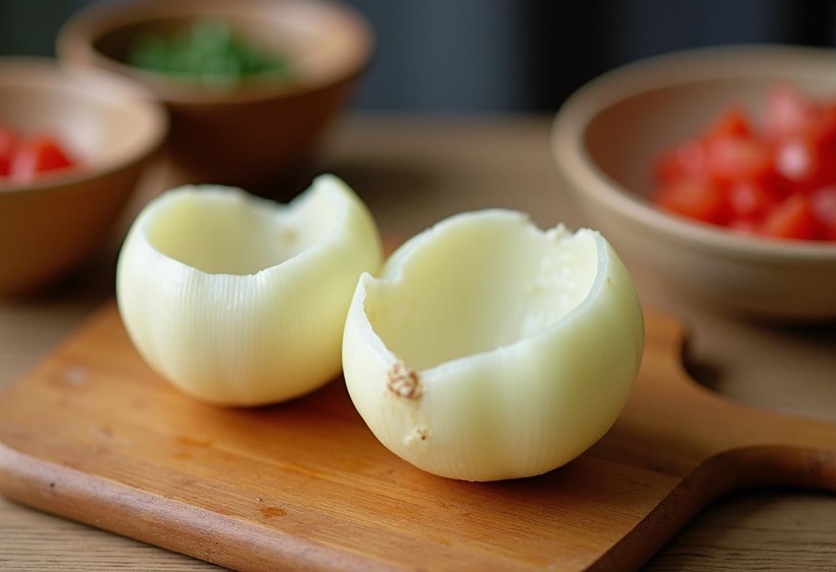Preparation of hollowed onions for Oignons Farcis à la Grecque with ingredients ready for stuffing.