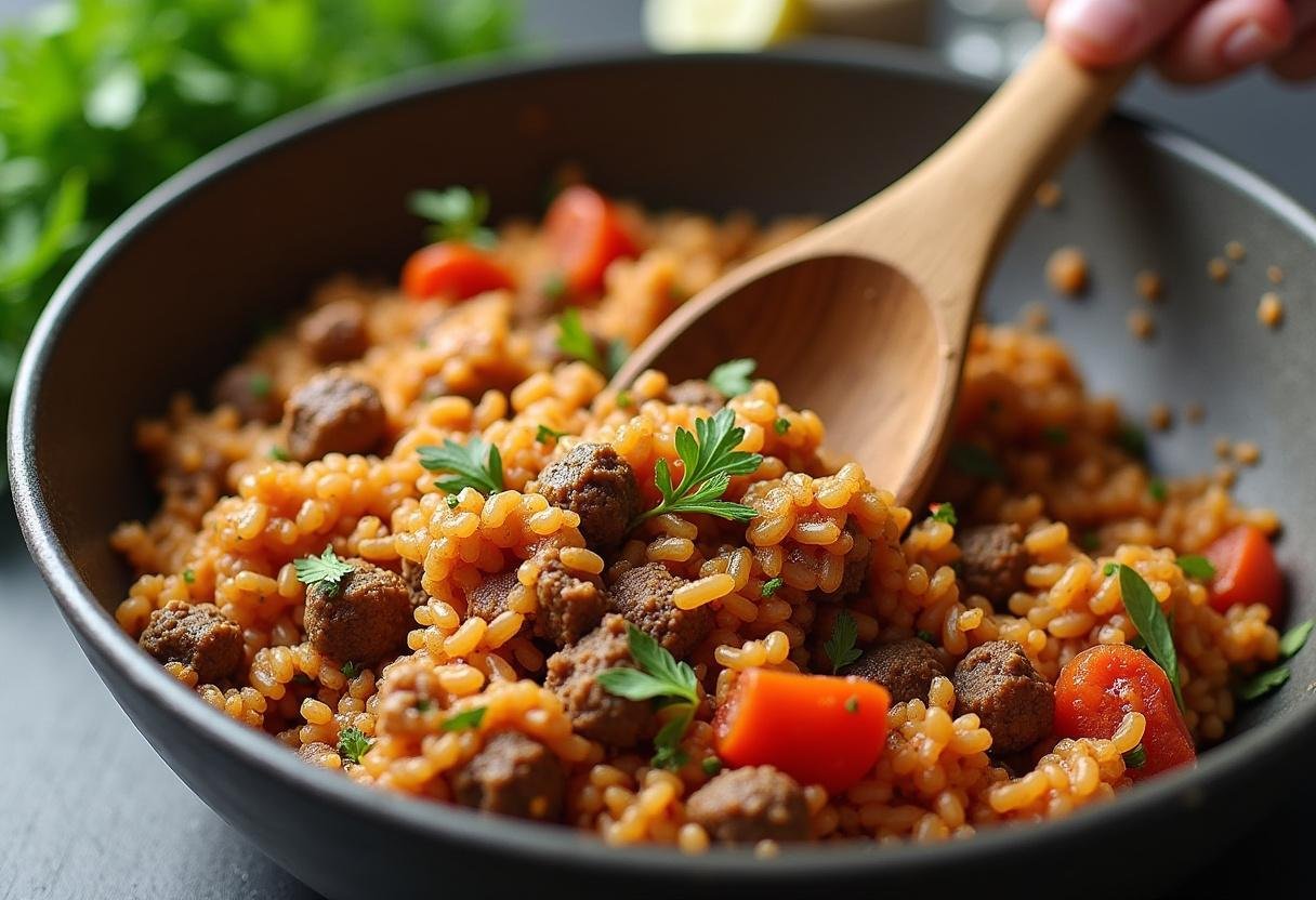 Savory stuffing mixture for Oignons Farcis à la Grecque being prepared in a bowl.