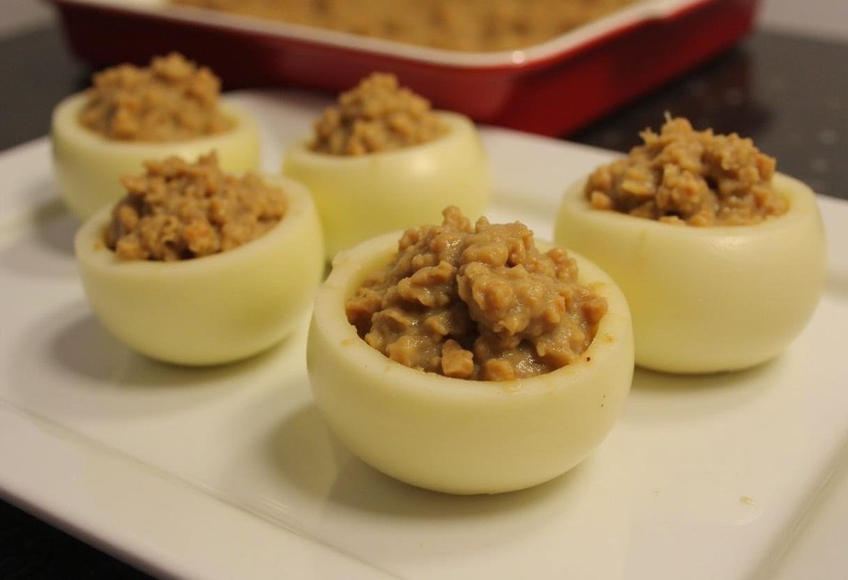 Stuffed onions being filled with savory mixture for Oignons Farcis à la Grecque recipe.