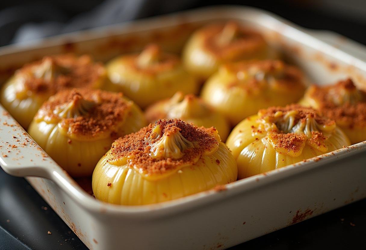 Baking dish with prepared stuffed onions ready for roasting in the oven.