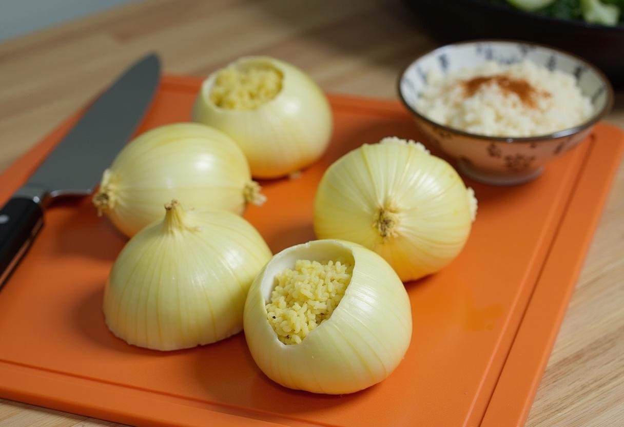 Oignons évidés sur une planche à découper prêts à être farcis pour la recette des Oignons Farcis au Riz Joaillier.