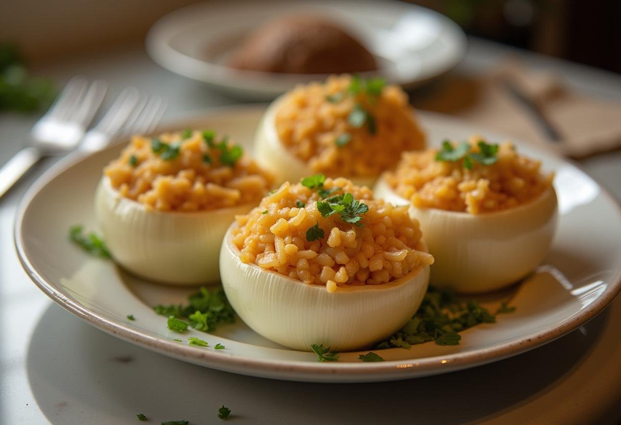 Oignons farcis avec un mélange de riz, prêts à être cuits pour la recette des Oignons Farcis au Riz Joaillier.