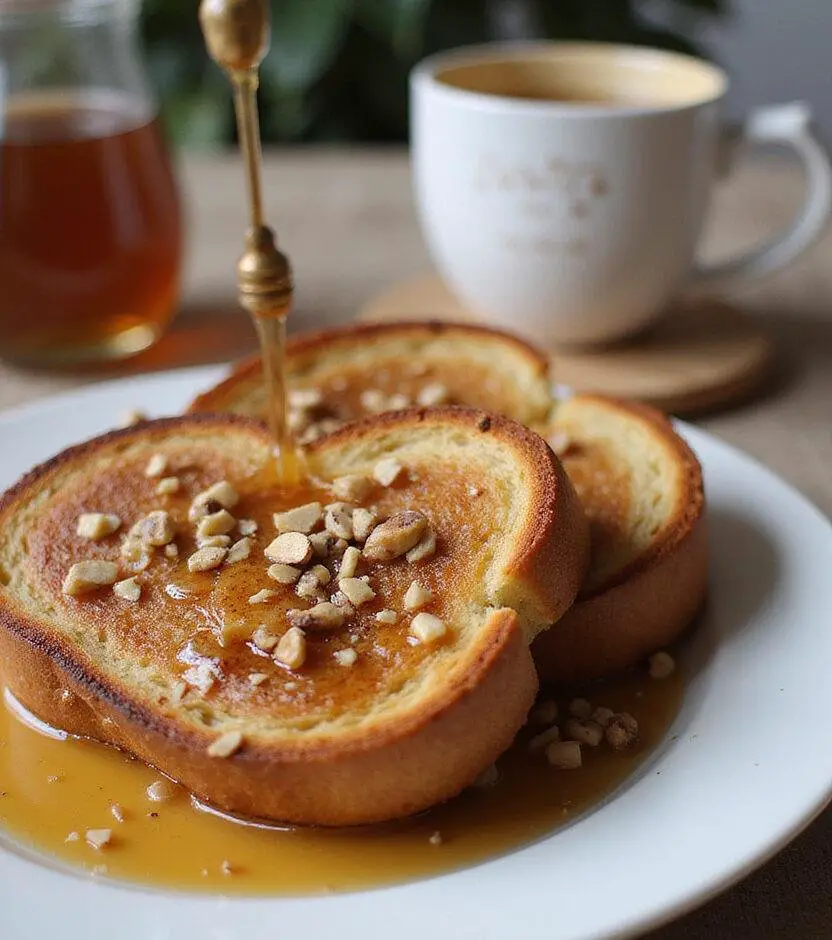 Delicious Pain Grillé au Beurre et Miel Caramélisé with a honey glaze and nuts, perfect for breakfast.
