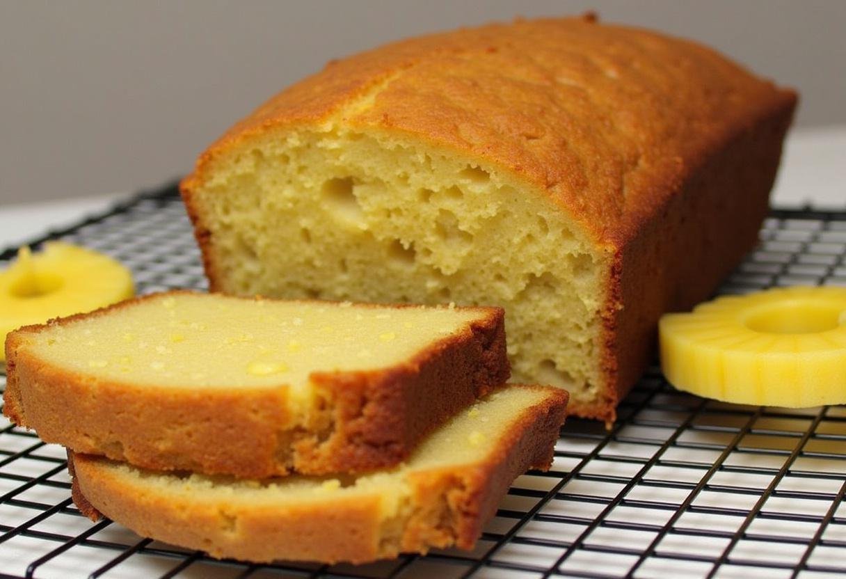Pain Moelleux à l'Ananas et à la Banane tranché, mettant en valeur sa texture moelleuse, parfait pour le dessert.