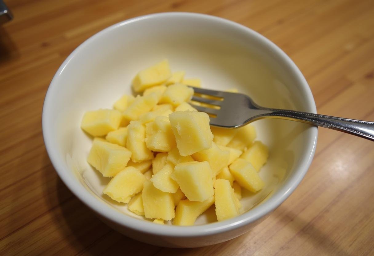 Bananes écrasées et ananas concassé dans un bol pour la préparation du Pain Moelleux à l'Ananas et à la Banane.