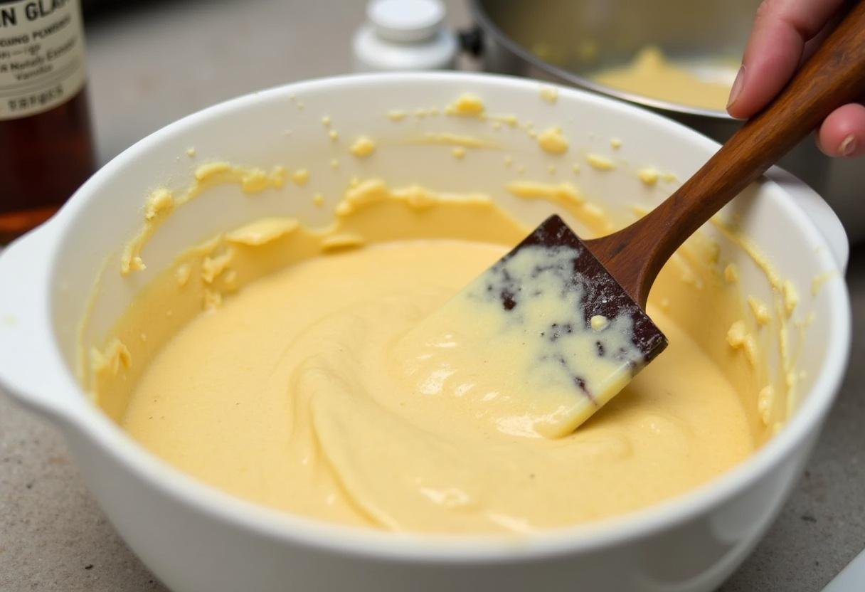 Mélange de la pâte pour le Pain Moelleux à l'Ananas et à la Banane avec de la levure chimique et de l'extrait de vanille.