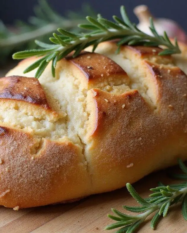Pain Rustique à l'Ail et au Romarin sans Pétrissage parfaitement doré et décoré, prêt à être dégusté.