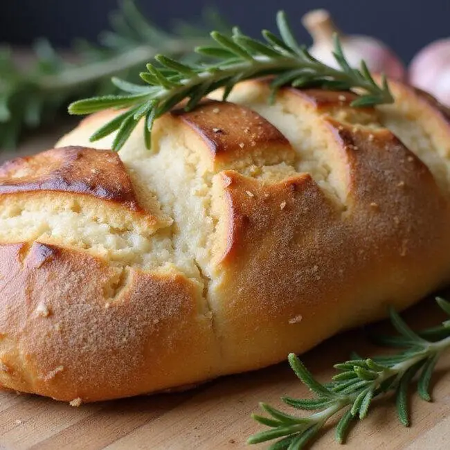 Pain Rustique à l'Ail et au Romarin sans Pétrissage parfaitement doré et décoré, prêt à être dégusté.
