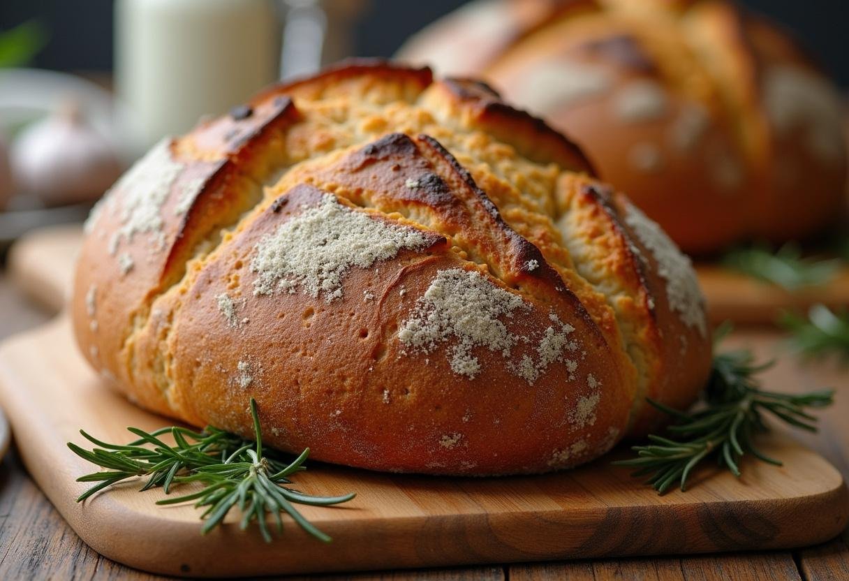 Pain Rustique à l'Ail et au Romarin sans Pétrissage parfaitement doré et décoré, prêt à être dégusté.