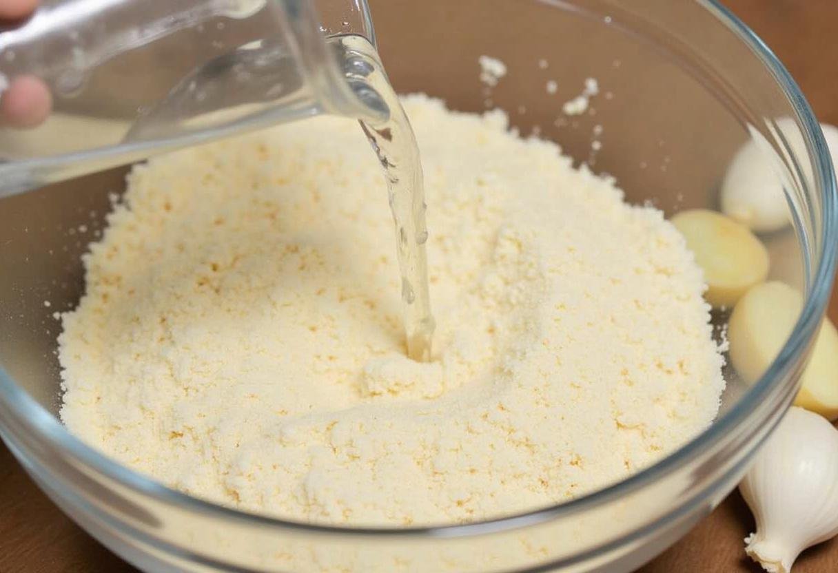 Eau ajoutée aux ingrédients secs pour Pain Rustique à l'Ail et au Romarin sans Pétrissage.