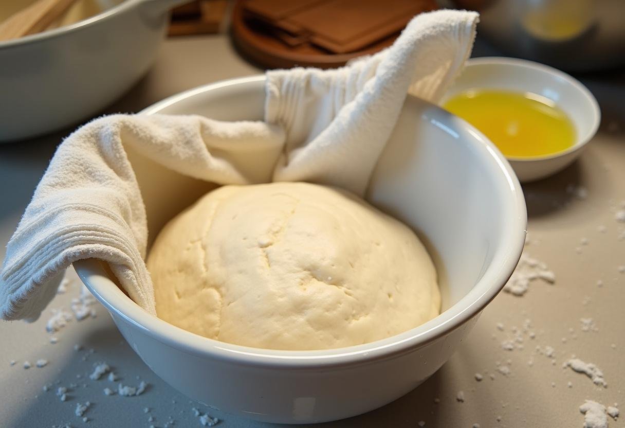 Pâte à Pain Rustique à l'Ail et au Romarin sans Pétrissage reposant dans un bol couvert.