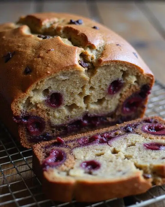 Moist Pain à la Banane, au Chocolat Noir et aux Framboises cooling on a rack, perfect for dessert.