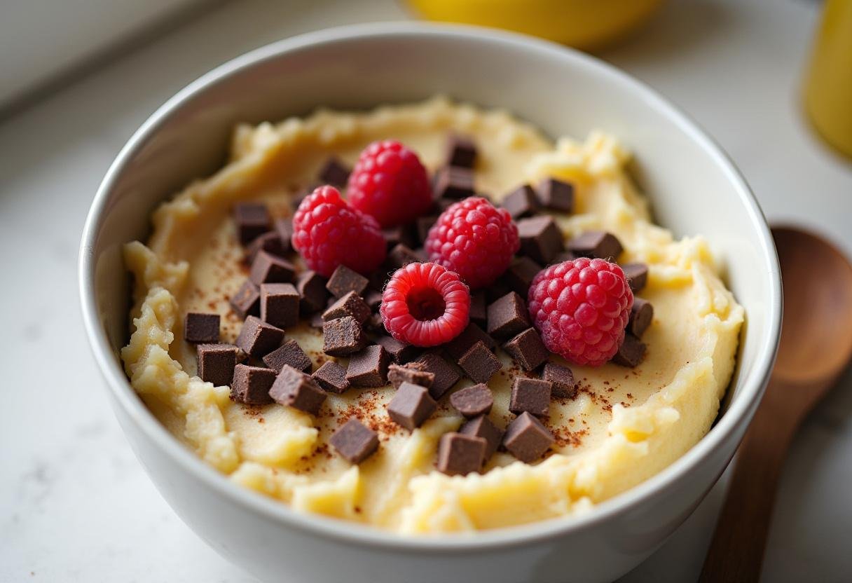 Mashed bananas, chocolate chunks, and raspberries in a bowl for Pain à la Banane, au Chocolat Noir et aux Framboises.