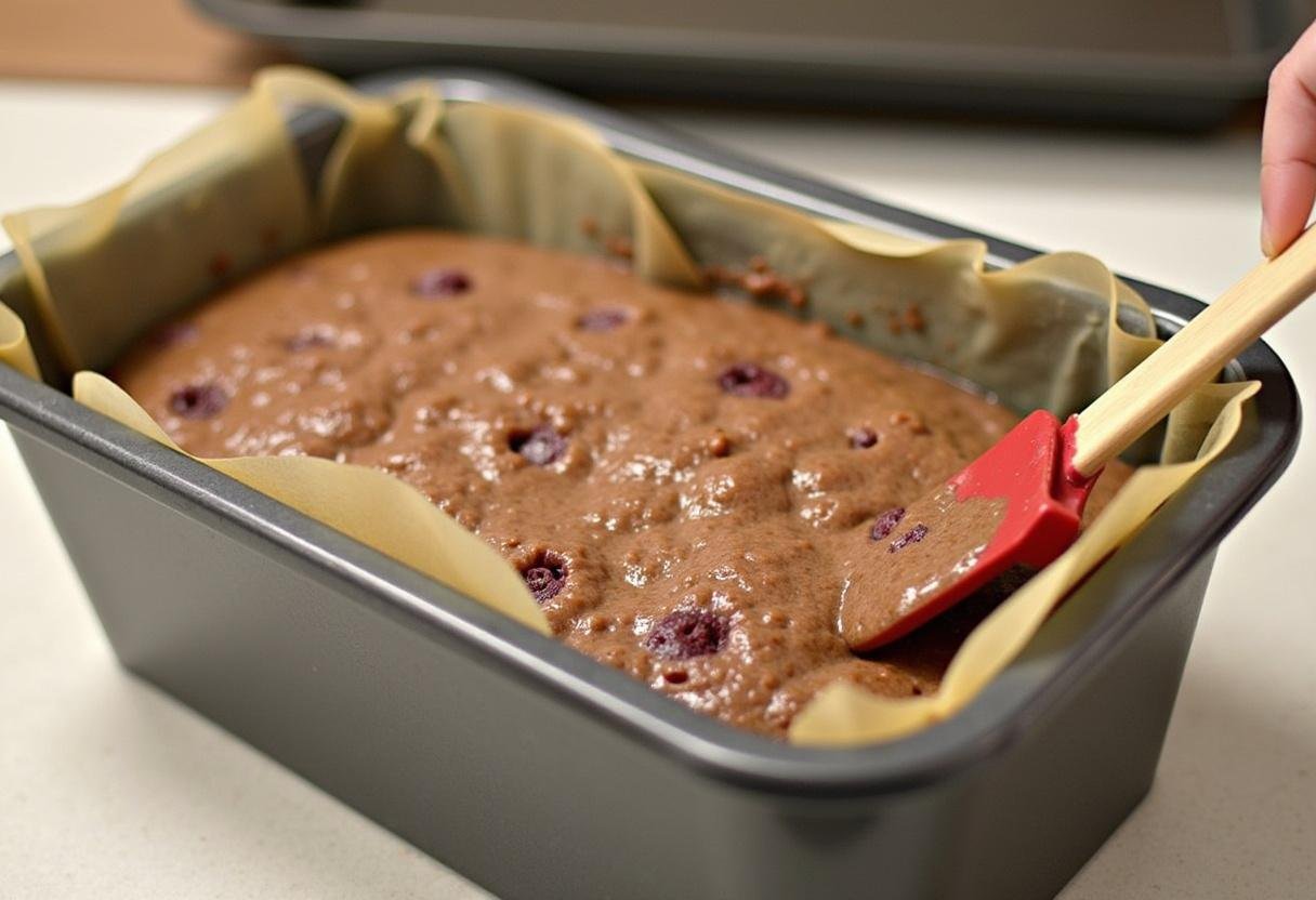 Batter for Pain à la Banane, au Chocolat Noir et aux Framboises being poured into a loaf pan.