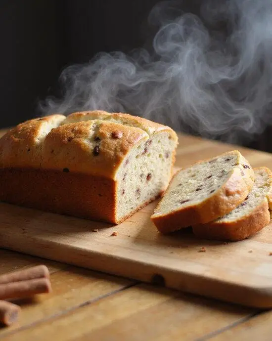 Pain aux pépites de cannelle fraîchement cuit, tranché et prêt à être dégusté.