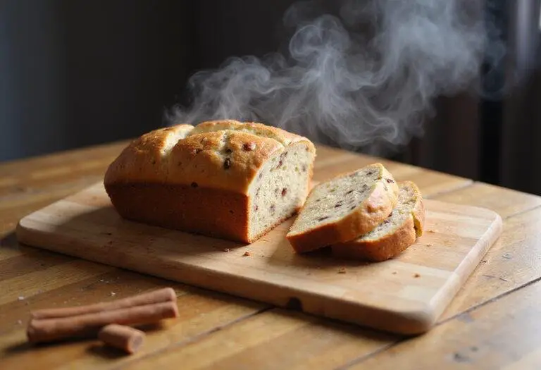 Pain aux pépites de cannelle fraîchement cuit, tranché et prêt à être dégusté.