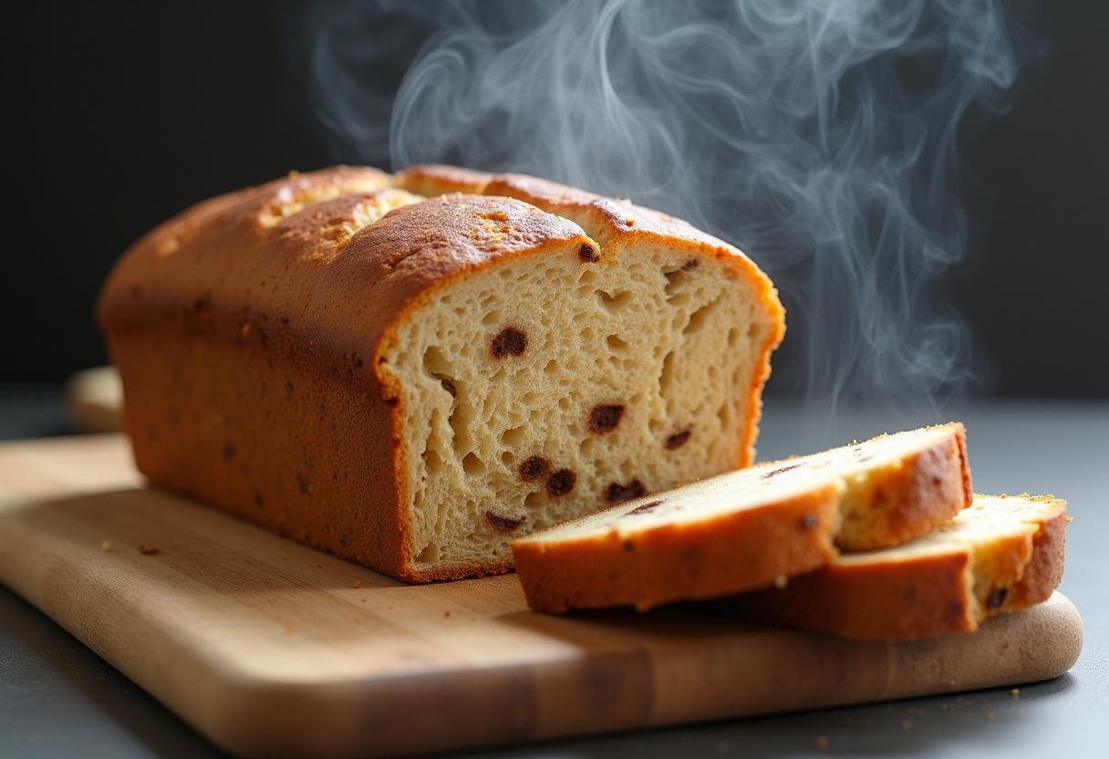 Pain aux pépites de cannelle fraîchement cuit, tranché et prêt à être dégusté.