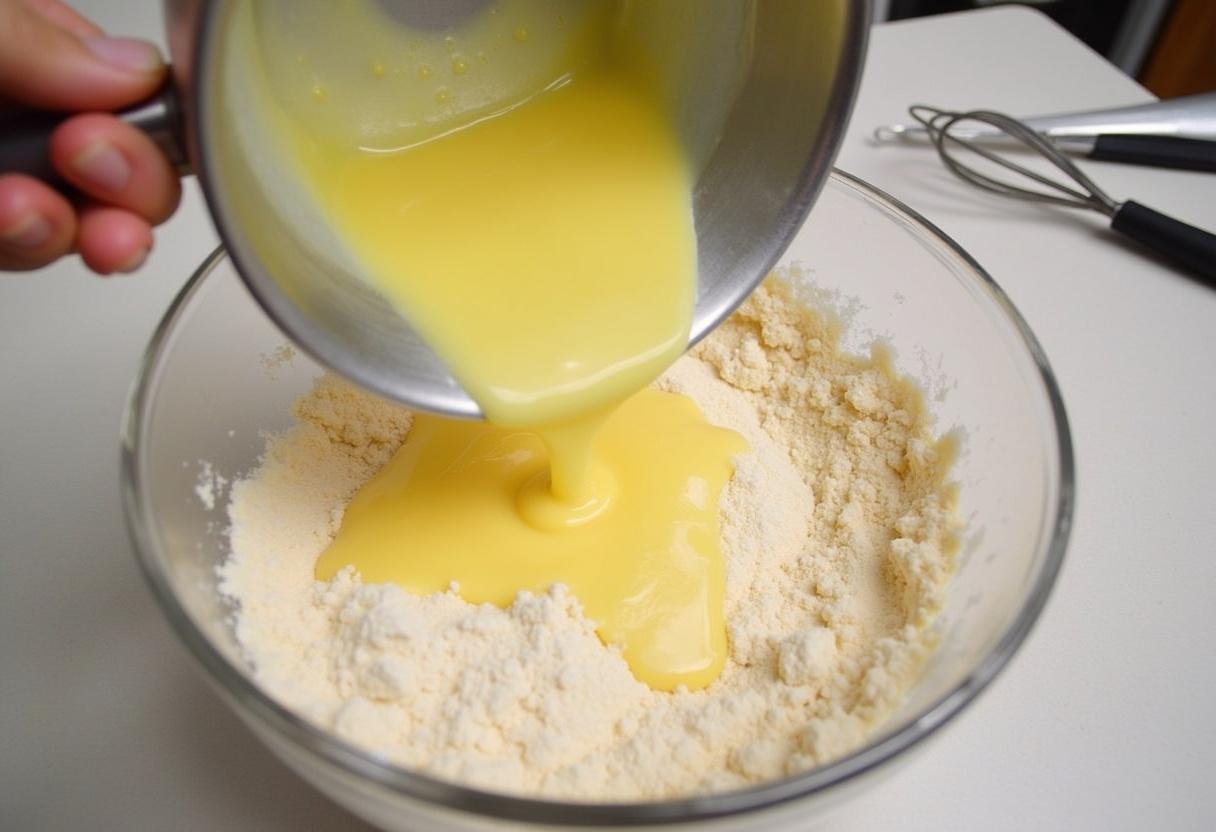 Beurre fondu ajouté aux ingrédients secs pour le pain aux pépites de cannelle.