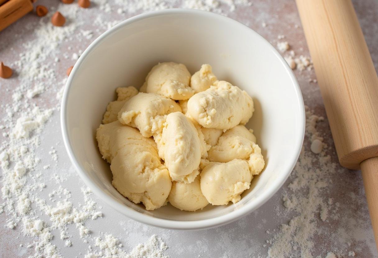 Pâte à pain aux pépites de cannelle en train d'être pétrie sur une surface farinée.