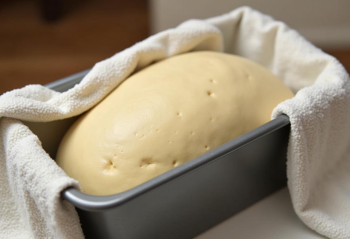 Pain aux pépites de cannelle en forme de pain dans un moule à pain, prêt à lever.