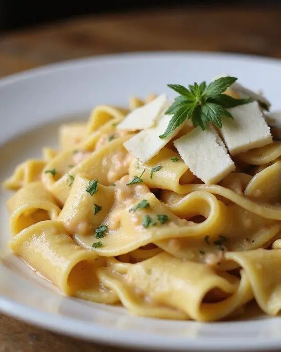 Plated Pappardelles Crémeuses aux Saucisses, Fenouil et Piments Calabrais, showcasing creamy pasta with herbs.