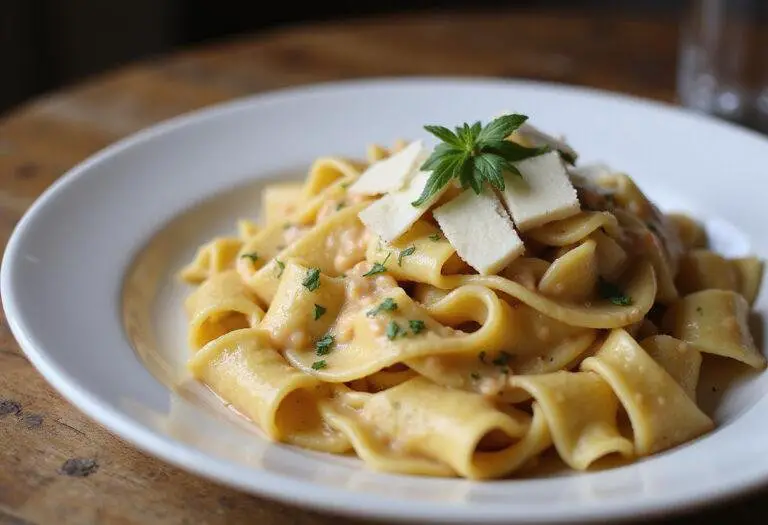 Plated Pappardelles Crémeuses aux Saucisses, Fenouil et Piments Calabrais, showcasing creamy pasta with herbs.