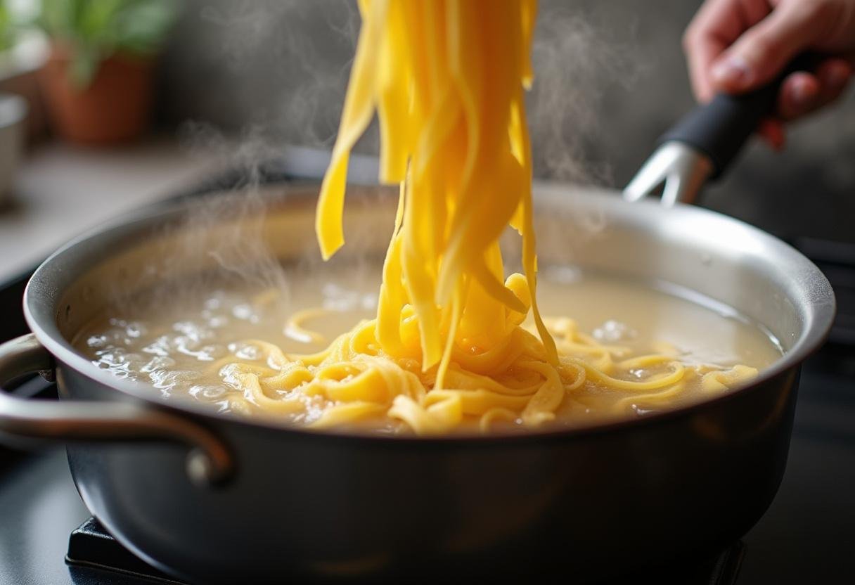 Cuisson des pâtes pappardelle dans de l'eau bouillante pour les Pappardelles Crémeuses aux Saucisses, Fenouil et Piments Calabrais.