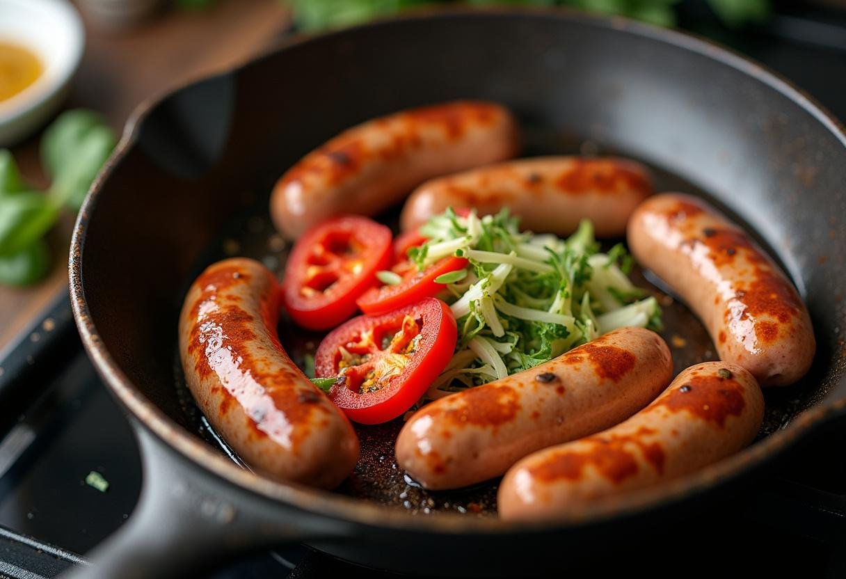Faire dorer les saucisses avec le fenouil et les piments calabrais pour la préparation du plat de pâtes crémeuses.