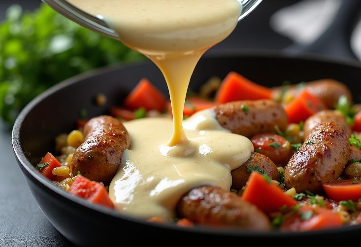 Ajout d'une sauce crémeuse aux saucisses, au fenouil et aux poivrons sautés pour les Pappardelles Crémeuses.