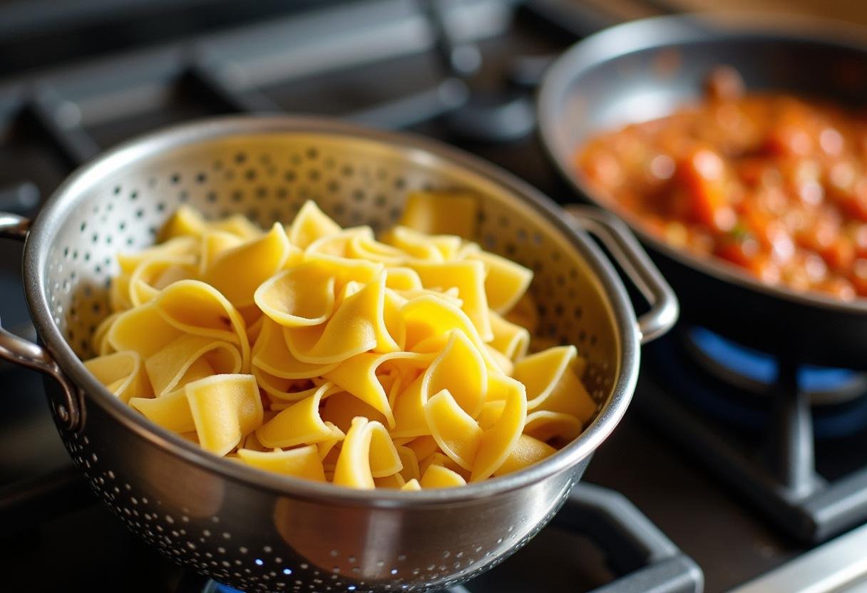 Égoutter les pâtes pappardelle pour les mélanger avec une sauce crémeuse aux saucisses et au fenouil.