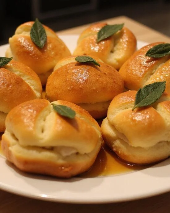 Finished Petits Pains Briochés au Beurre de Sauge et Miel Salé, beautifully arranged for serving with honey glaze and sage.