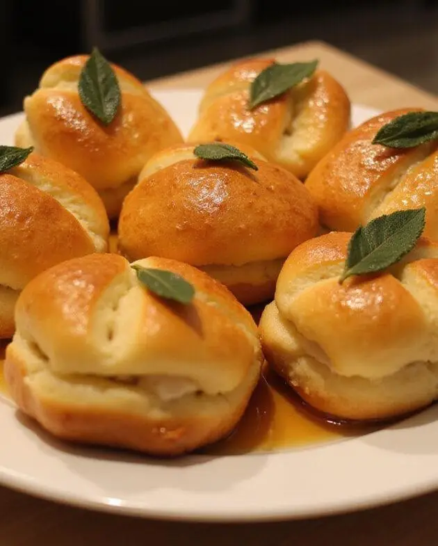 Finished Petits Pains Briochés au Beurre de Sauge et Miel Salé, beautifully arranged for serving with honey glaze and sage.