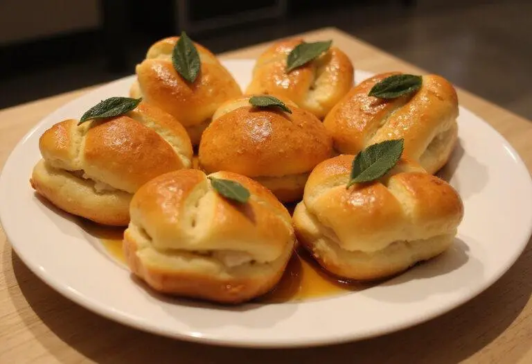 Finished Petits Pains Briochés au Beurre de Sauge et Miel Salé, beautifully arranged for serving with honey glaze and sage.