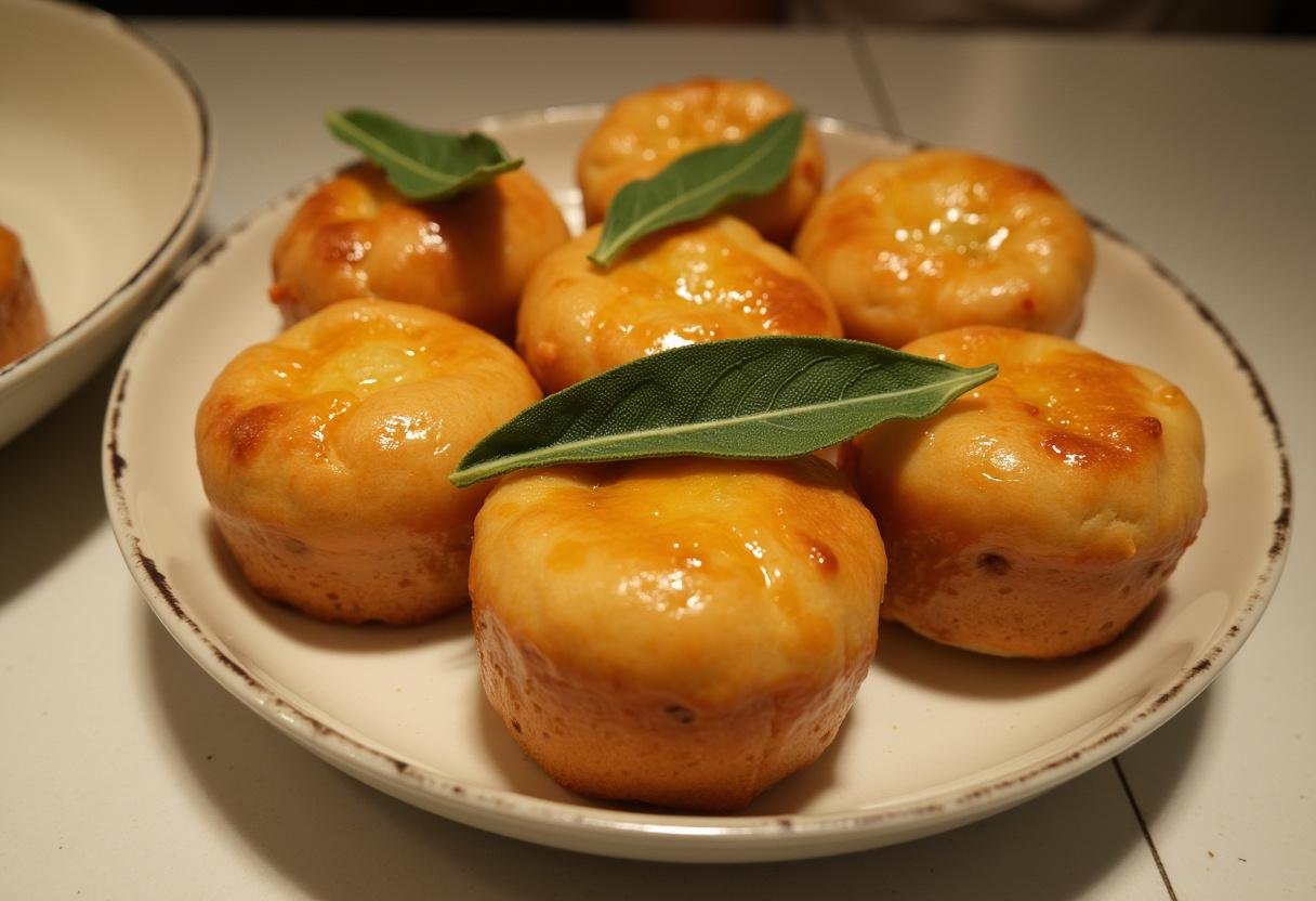 Finished Petits Pains Briochés au Beurre de Sauge et Miel Salé, beautifully arranged for serving with honey glaze and sage.