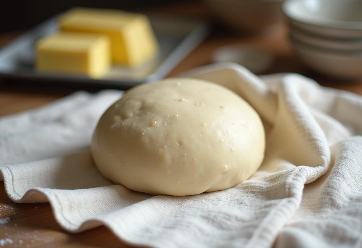 Kneaded dough resting to rise for Petits Pains Briochés au Beurre de Sauge et Miel Salé.