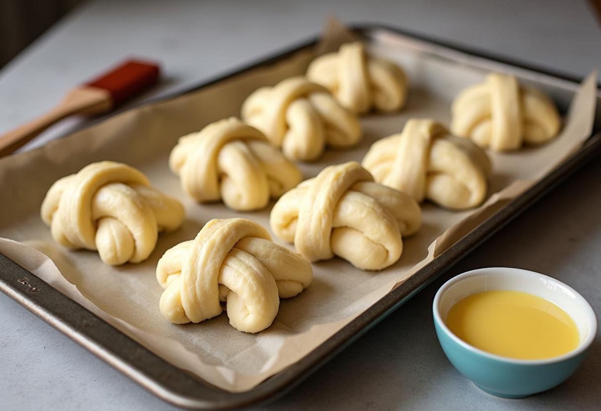 Raw brioche dough shaped and ready for baking, brushed with sage butter for Petits Pains Briochés au Beurre de Sauge et Miel Salé.