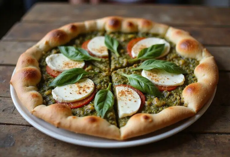 Finished Pizza Caprese au Pesto sur Pâte Feuilletée with fresh basil, ideal for serving.