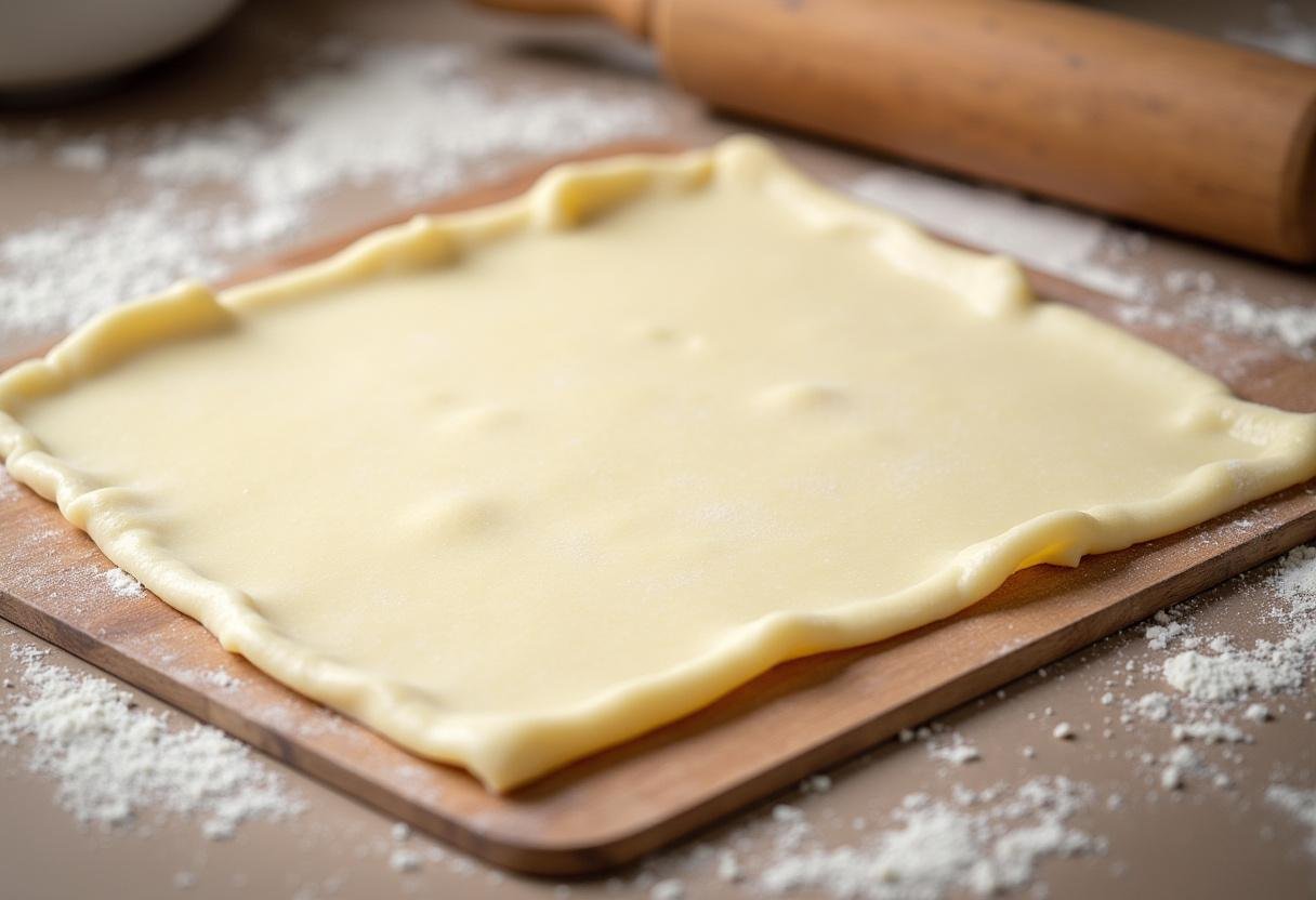 Puff pastry rolled out for Pizza Caprese au Pesto sur Pâte Feuilletée preparation.