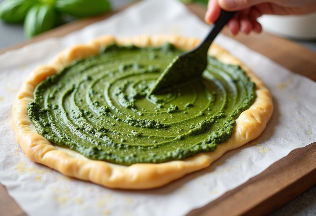 Pesto being spread on puff pastry for Pizza Caprese au Pesto sur Pâte Feuilletée.