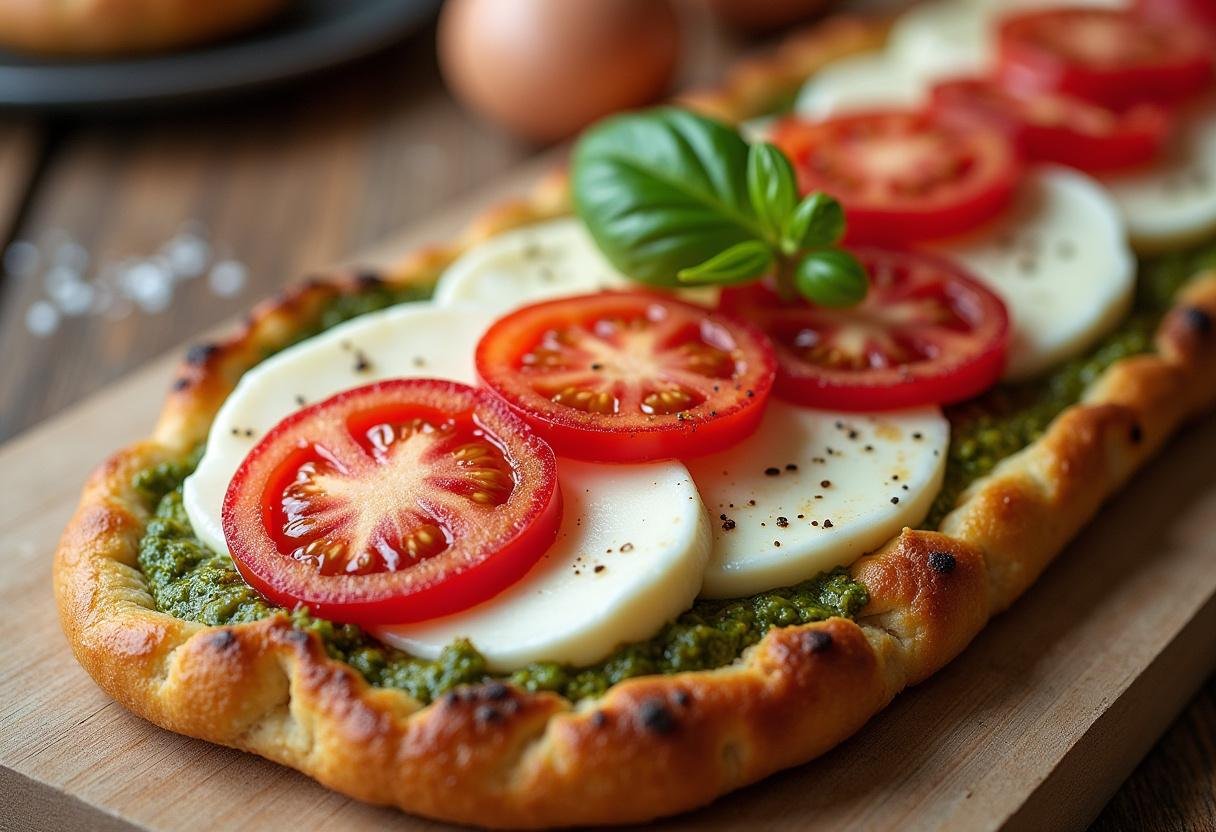 Fresh mozzarella and tomatoes arranged on pesto to create Pizza Caprese au Pesto sur Pâte Feuilletée.